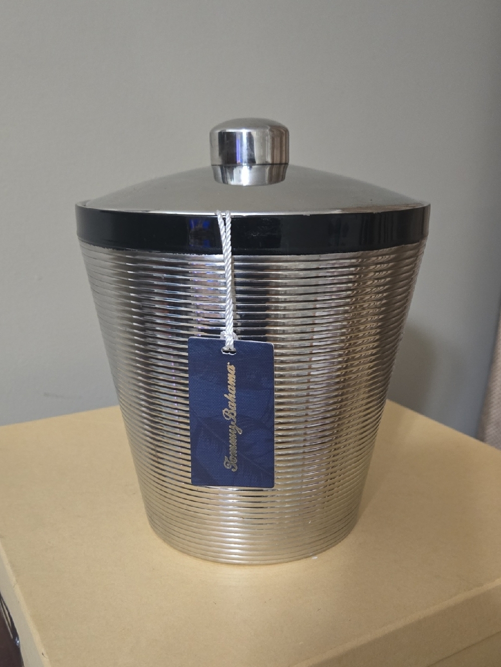 Tommy Bahama Silver Ribbed Ice Bucket with Black Rim